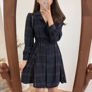 Long-Sleeve Plaid Mini A-Line Black Shirt dress